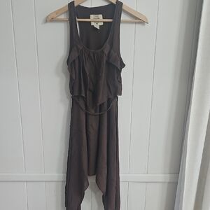 Y2K D&C Brown Handkerchief Hem Dress Boho Flowy Tie Waist Size S